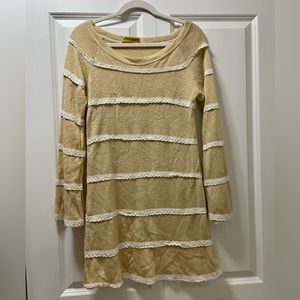 Moussy design from Japan long sleeved, cream and tan knit dress with lace detail